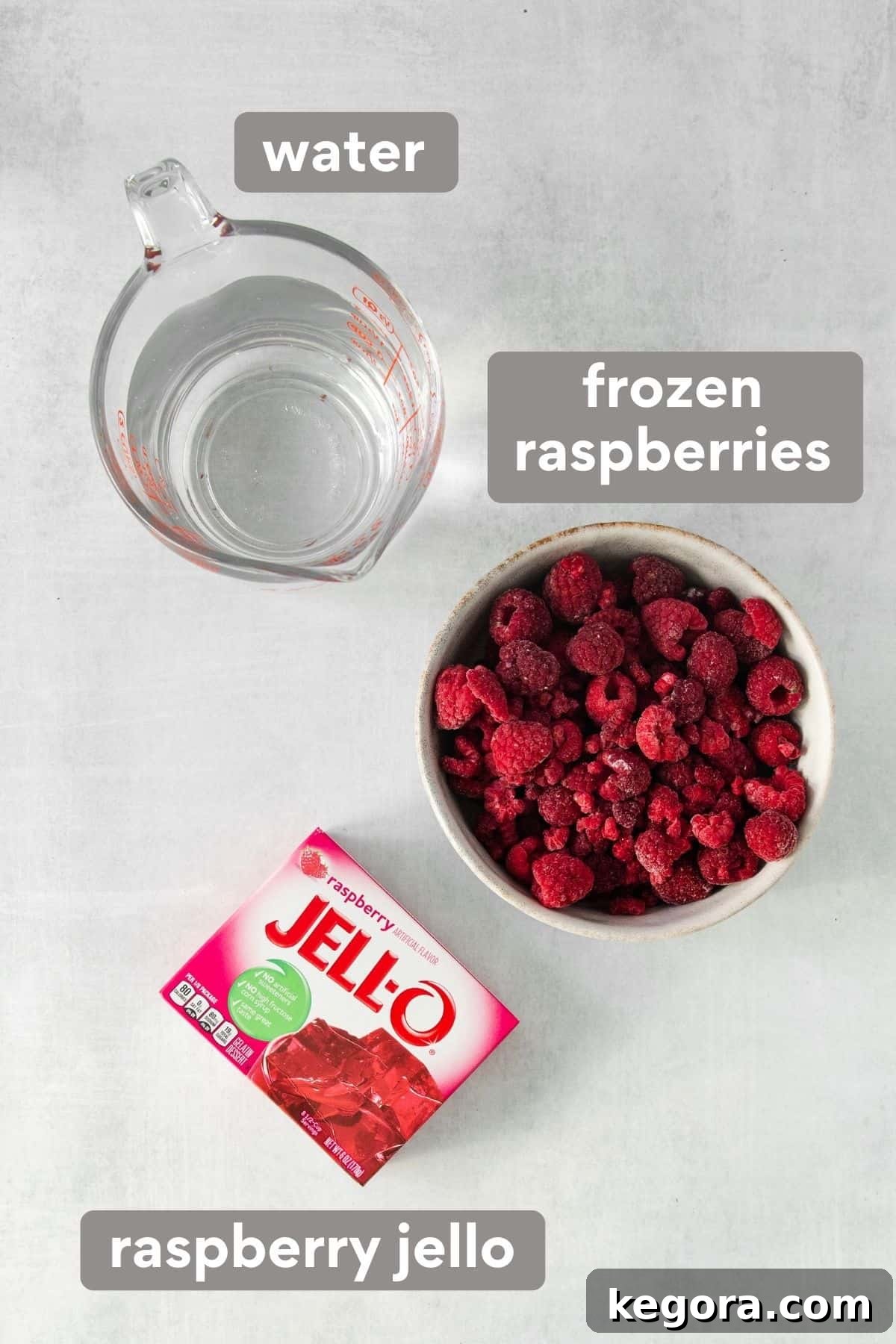 Raspberry jello filling ingredients on a countertop