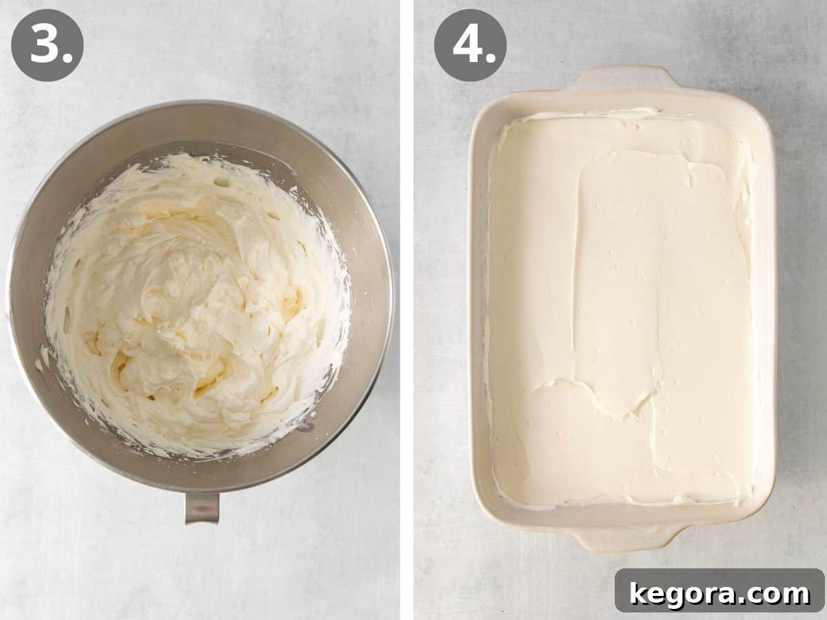Whipped cream filling in a bowl, and whipped cream filling spread over the pretzel crust