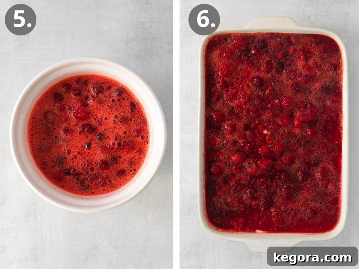 Raspberry filling in a bowl, and raspberry filling over a cream cheese filling in the baking dish