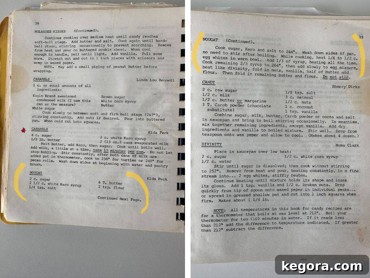 Crafting Irresistible Nougat 3 Vintage photo of the original nougat recipe page from an old church cookbook, showing handwritten notes.