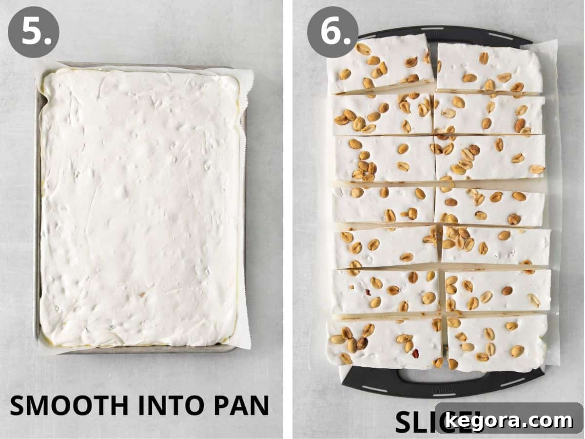 Crafting Irresistible Nougat 7 Freshly made nougat smoothed into a parchment-lined pan and topped with a sprinkle of nuts, ready to cool and set.