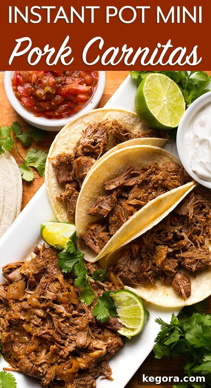 Perfect Instant Pot Mini Pork Carnitas 5 Instant Pot Mini - Pork Carnitas is a very flavorful meat seasoned with tasty Mexican spices. Use this versatile meat for tacos, burritos, sandwiches, and more. simplyhappyfoodie.com #instantpotrecipes #instantpotminirecipes #instantpotcarnitas #instantpot3quart #pressurecookercarnitas