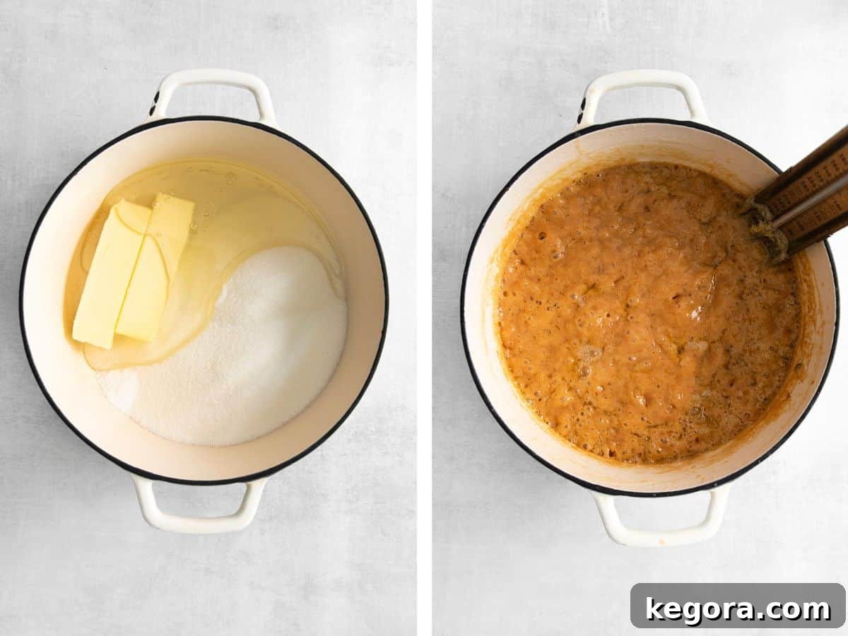 Decadent Pecan Log 5 Step-by-step image showing the caramel mixture being cooked in a pot.