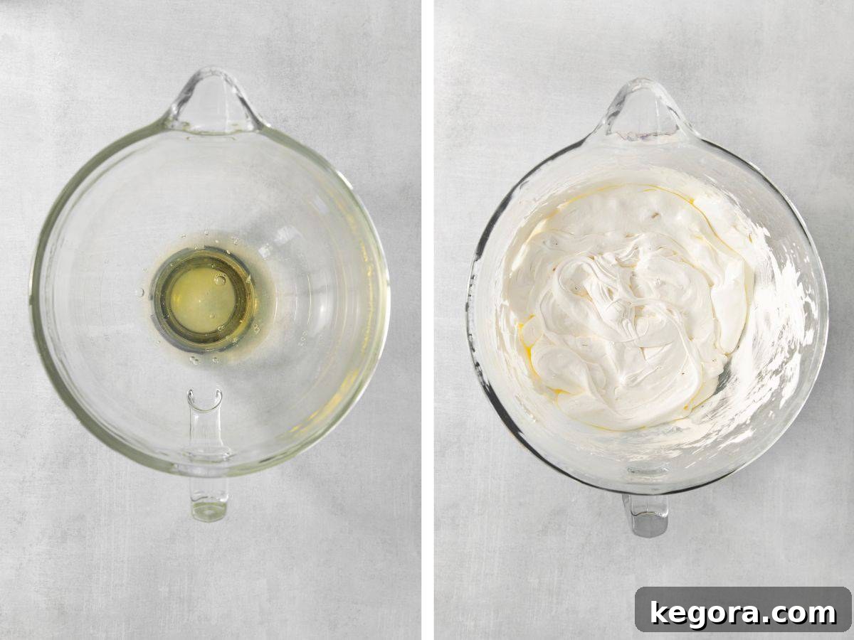 Decadent Pecan Log 6 Step-by-step image showing the nougat mixture being prepared in a stand mixer.