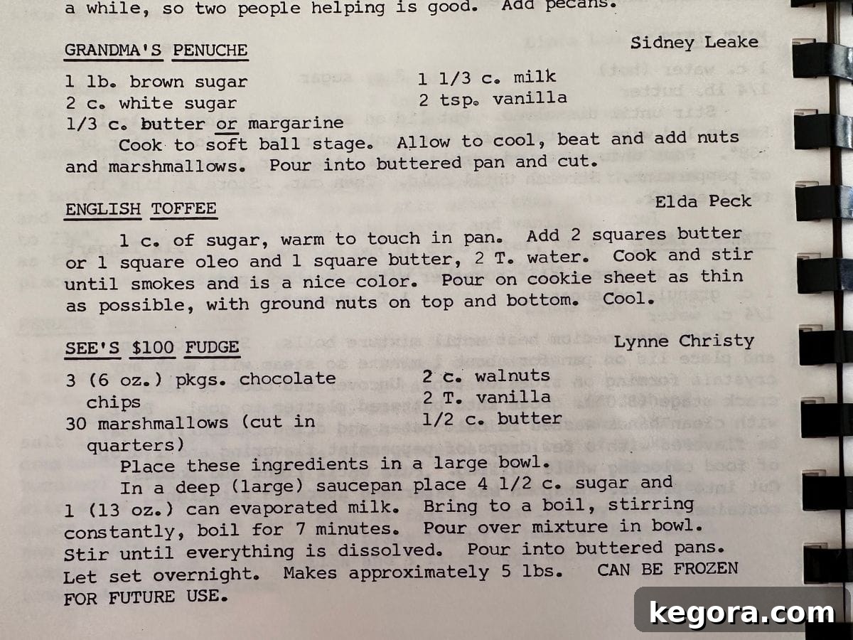 Vintage photograph of English toffee recipe from an old community cookbook, showing handwritten notes.