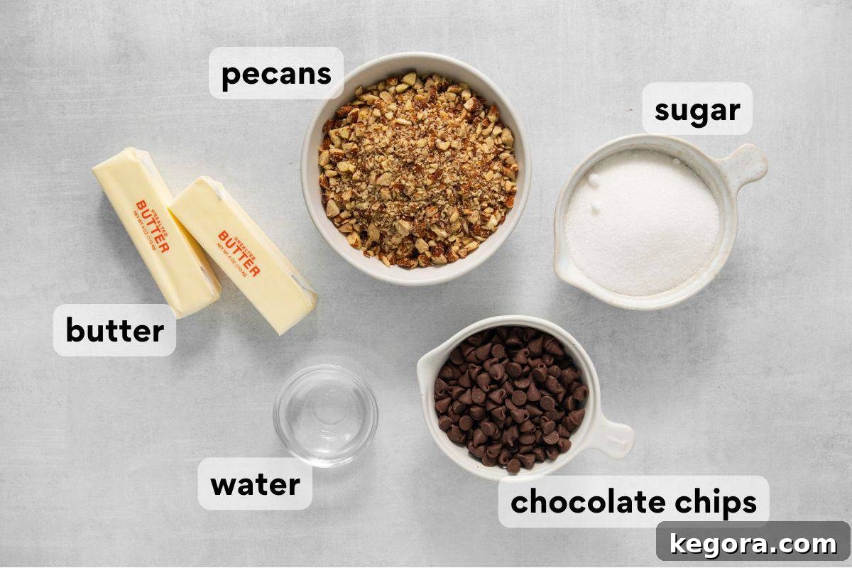 Organized English toffee ingredients including sugar, butter, chocolate chips, water, and almonds, neatly measured and labeled.