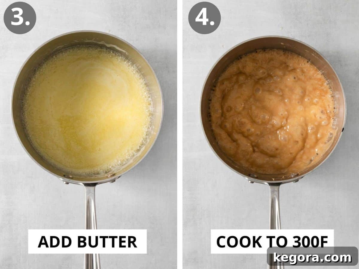 Candy thermometer accurately showing 300°F in a bubbling golden toffee mixture in a saucepan.