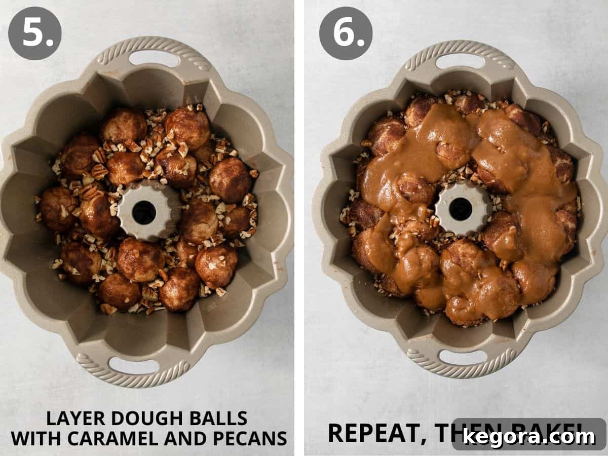 Delectable Gluten-Free Pull-Apart Bread 6 Hands carefully arranging cinnamon-sugar coated gluten-free dough balls into a greased Bundt pan, with layers of caramel and pecans visible.