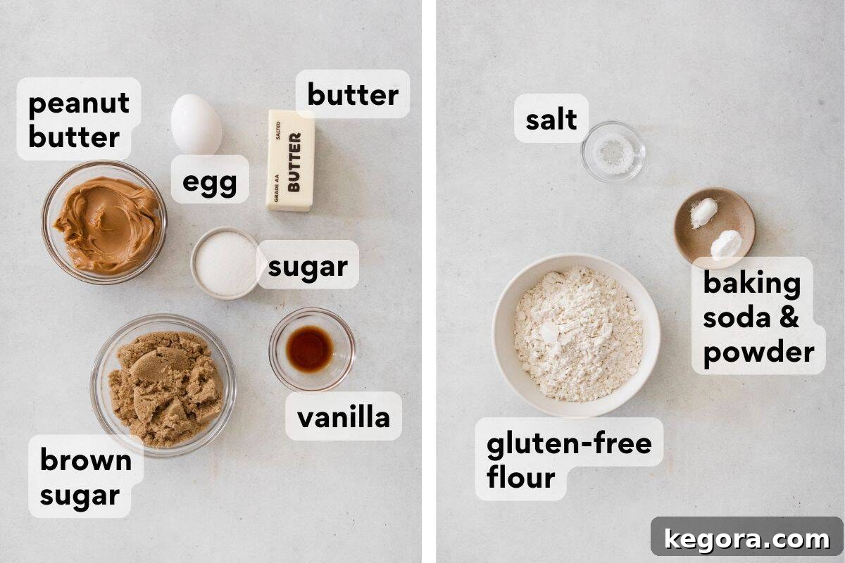 Decadent Gluten Free Peanut Butter Bites 4 Carefully measured and labeled ingredients for gluten-free peanut butter cookies, including a bowl of flour, creamy peanut butter, both brown and granulated sugars, butter, an egg, and vanilla extract, all neatly arranged on a wooden surface.