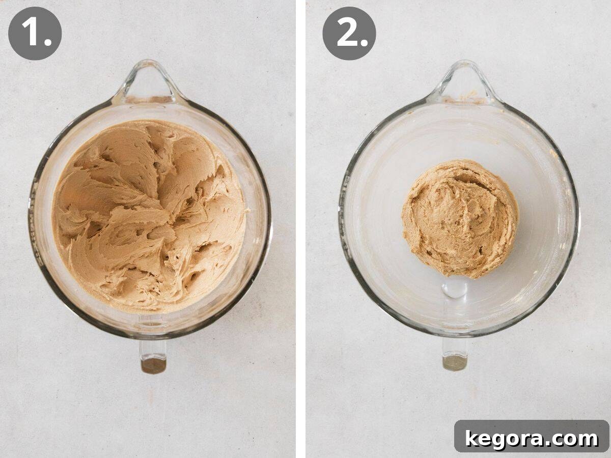 Decadent Gluten Free Peanut Butter Bites 5 A series of images showing the progression of making gluten-free peanut butter cookie dough, from combining wet ingredients to mixing in dry ingredients, all within a stand mixer bowl.