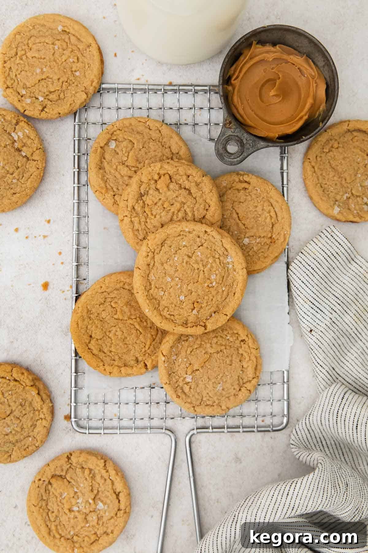 Decadent Gluten Free Peanut Butter Bites 7 An inviting close-up photo of gluten-free peanut butter cookies artfully arranged on a wire rack, with a jar of peanut butter and a few scattered cookies in the background, creating a cozy and mouth-watering scene.