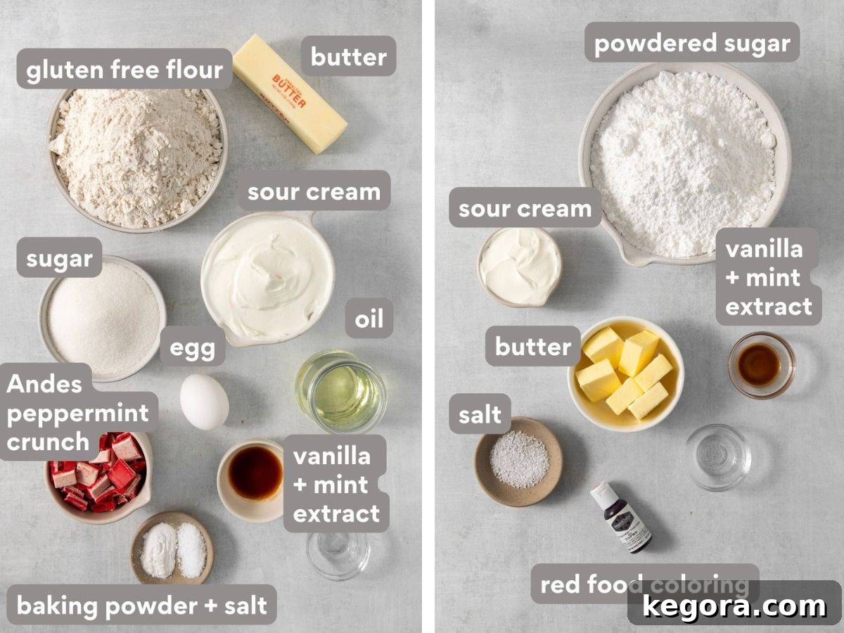 Tender Gluten-Free Peppermint Sugar Cookies with Sour Cream 3 A curated display of ingredients for gluten-free peppermint sour cream cookies, including gluten-free flour, sour cream, butter, extracts, and peppermint crunch, all neatly arranged on a kitchen countertop.