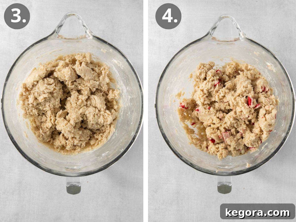 Tender Gluten-Free Peppermint Sugar Cookies with Sour Cream 5 Gluten-free peppermint cookie dough in a mixing bowl before and after the addition of Andes peppermint crunch, showing the texture and incorporation of mix-ins.