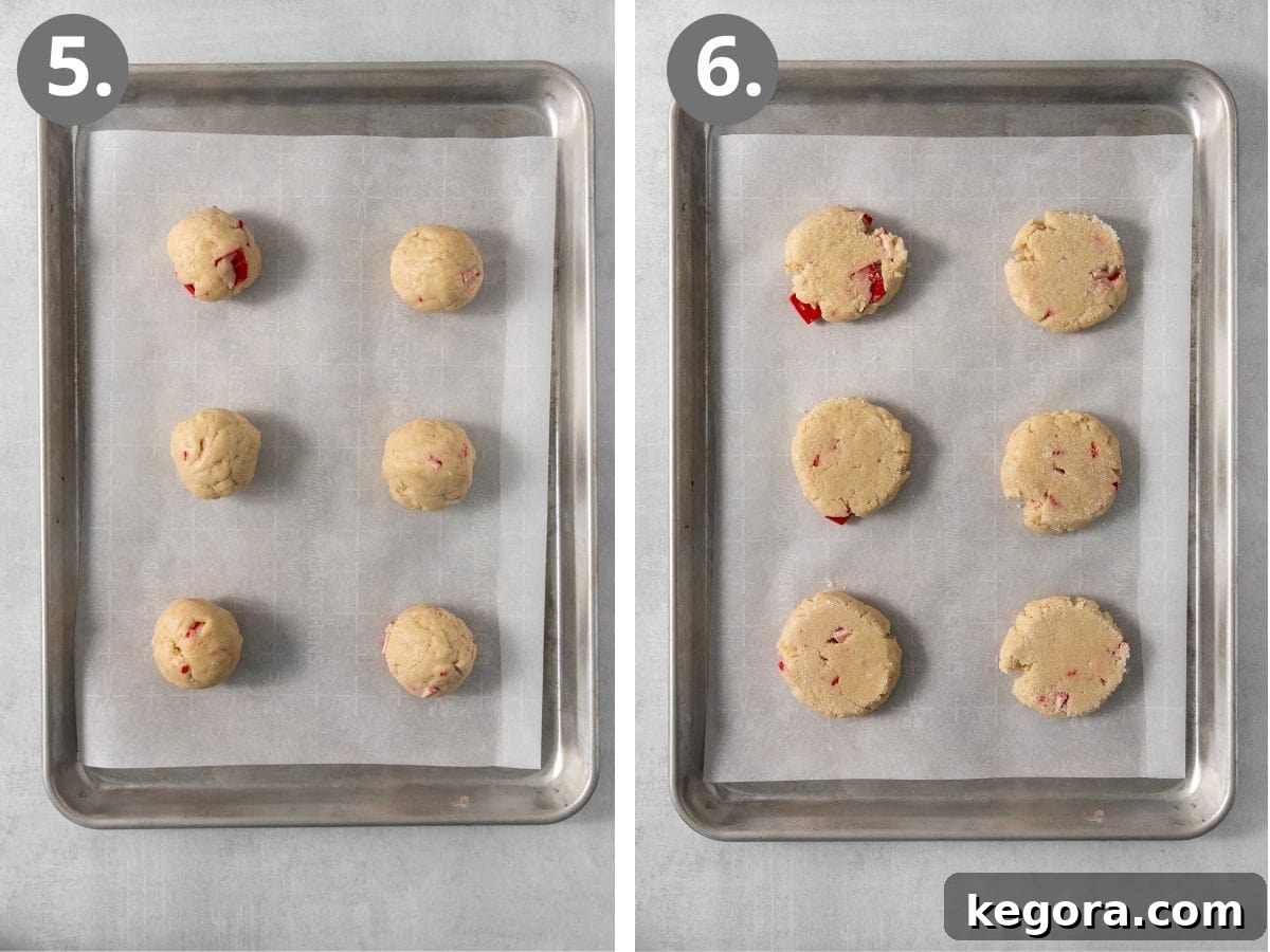 Tender Gluten-Free Peppermint Sugar Cookies with Sour Cream 6 Gluten-free peppermint cookie dough balls arranged on a baking sheet, followed by an image of the dough balls flattened with a sugar-coated glass, demonstrating the shaping process.