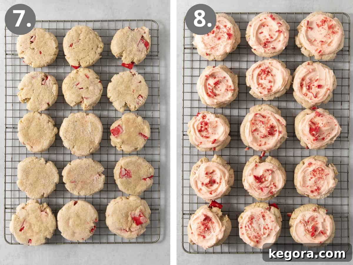 Tender Gluten-Free Peppermint Sugar Cookies with Sour Cream 7 Unfrosted gluten-free peppermint cookies cooling on a wire rack next to a tray of freshly frosted cookies, showcasing the final delicious product ready for chilling.