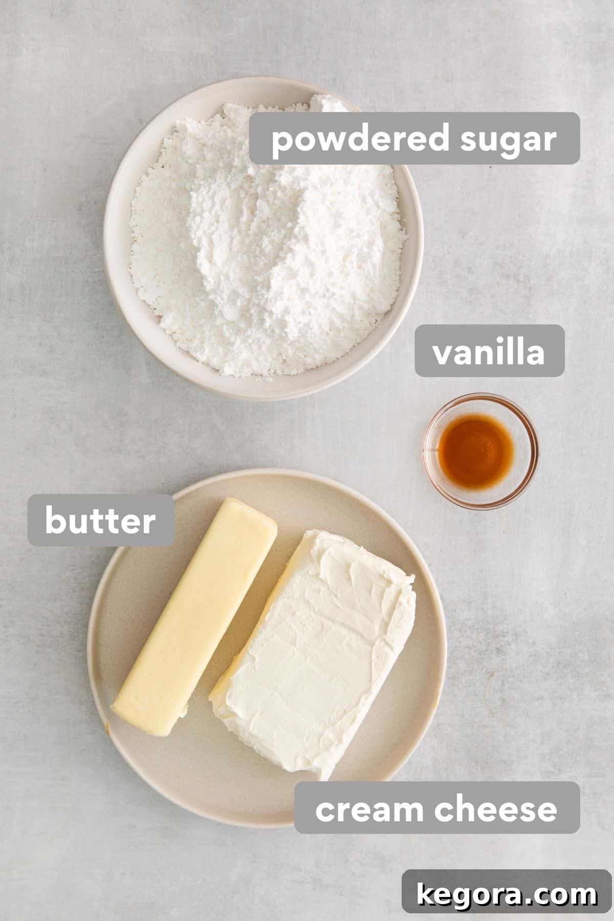 Pumpkin Spice Dreams: Gluten-Free Whoopie Pies 4 Cream cheese frosting ingredients laid out on a clean countertop, including butter, cream cheese, and powdered sugar.