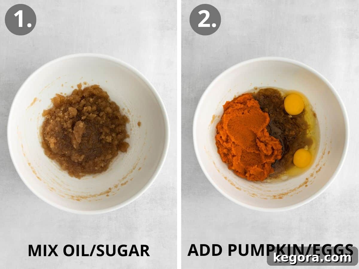 Pumpkin Spice Dreams: Gluten-Free Whoopie Pies 5 The initial steps of whoopie pie preparation, showing oil and sugars mixed in a bowl, followed by the addition of pumpkin puree and eggs.