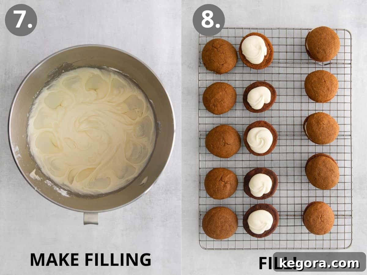 Pumpkin Spice Dreams: Gluten-Free Whoopie Pies 6 A bowl of freshly made cream cheese frosting and cooled pumpkin whoopie pie halves ready for assembly.