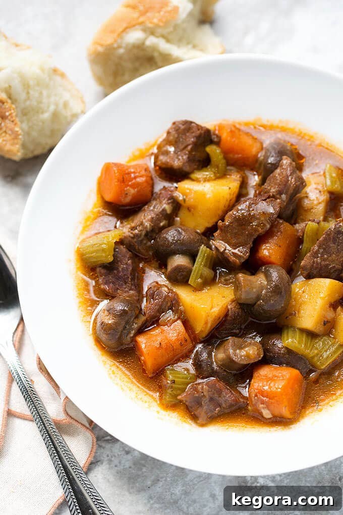 15 Instant Pot Hacks for Effortless Cooking 20 Sandy's Instant Pot Beef Stew in white bowl next to silver spoon and chunks of bread