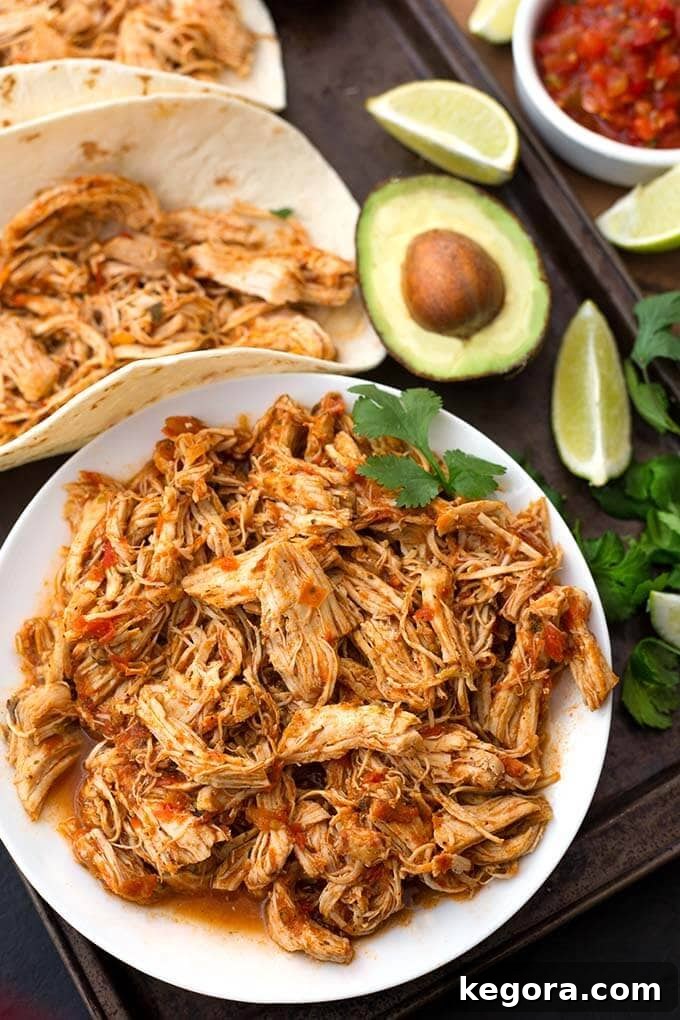 15 Instant Pot Hacks for Effortless Cooking 9 Instant Pot Salsa Chicken on a white plate with chicken tacos in background