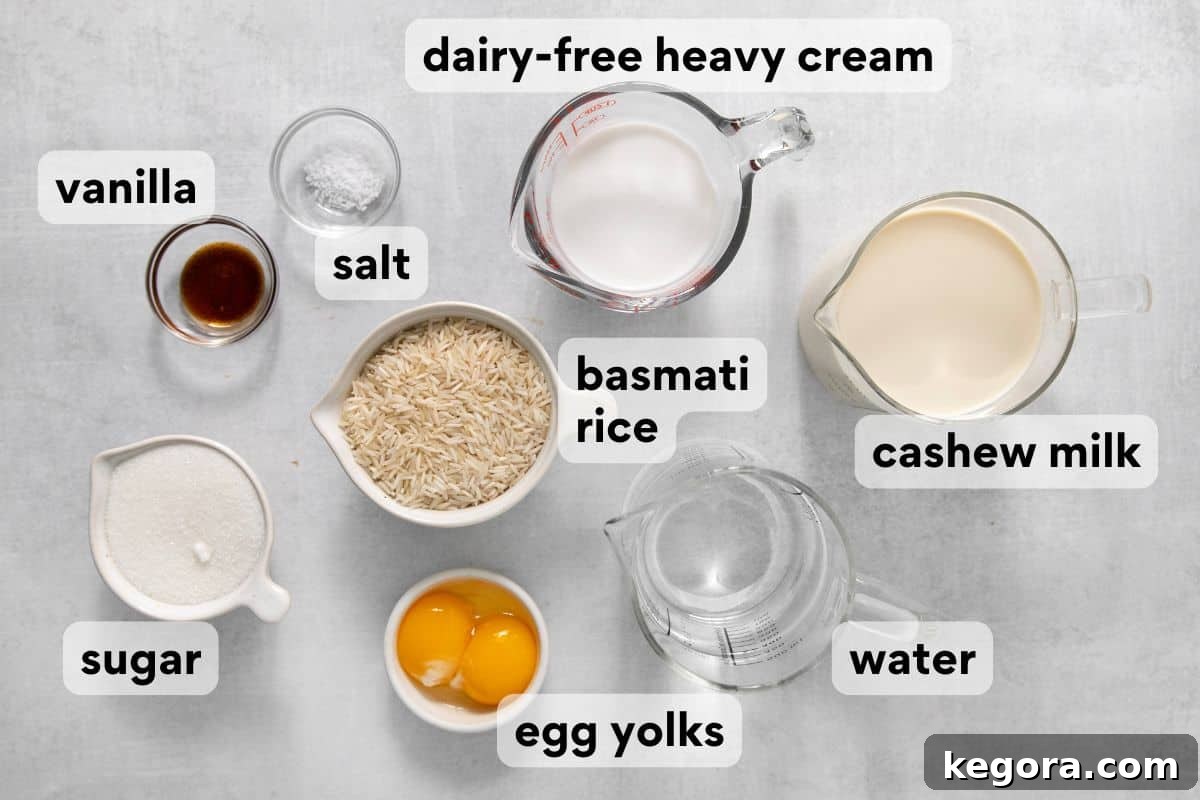 dairy-free rice pudding ingredients measured and labeled.
