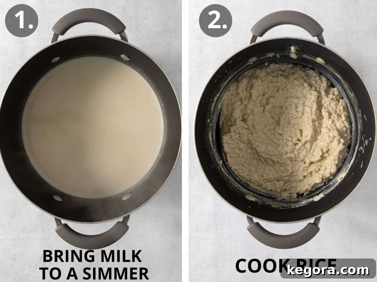 Milk simmer in a pot, and rice cooking in a pot.