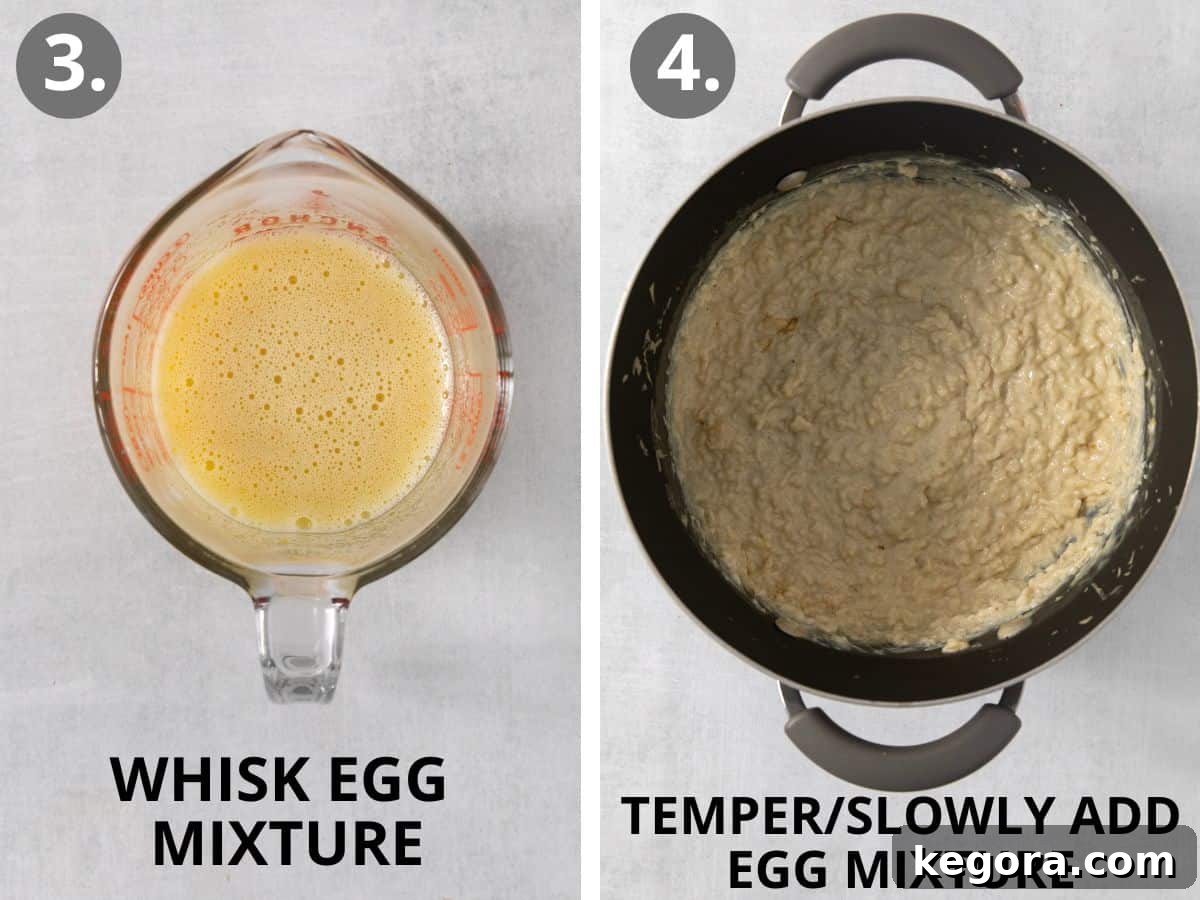 Egg mixture and rice mixed into the egg mixture for dairy-free rice pudding.