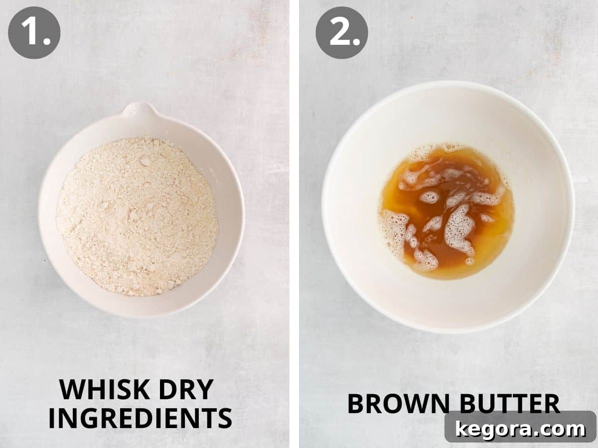 Vibrant Gluten-Free M&M Cookie Bliss 6 Two-step image showing dry ingredients being whisked in a bowl and butter browning in a skillet, crucial initial steps for gluten-free M&M cookies.