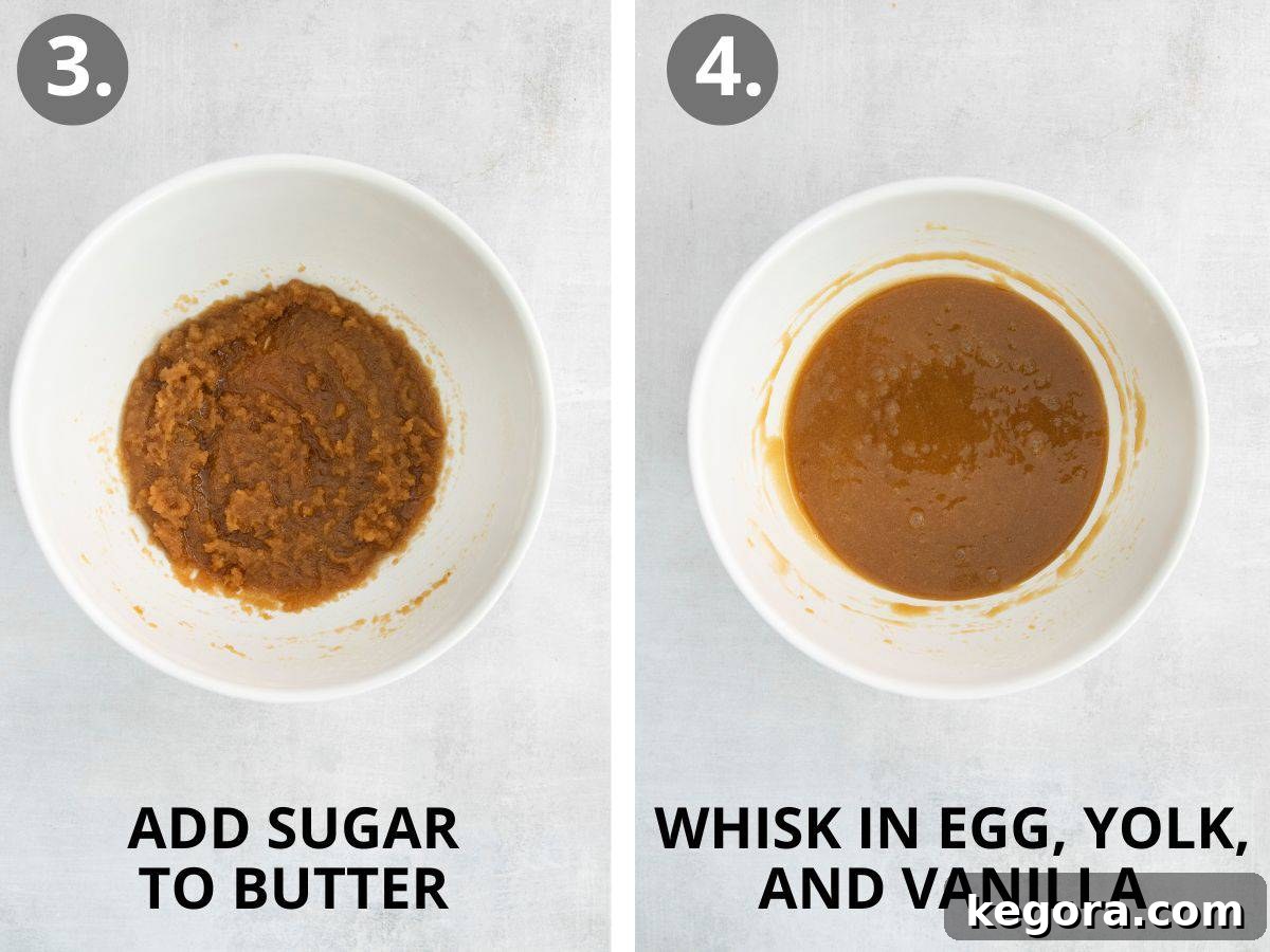 Vibrant Gluten-Free M&M Cookie Bliss 7 Two-step image showing brown and granulated sugar being whisked into browned butter, followed by egg, egg yolk, and vanilla extract being incorporated, forming a smooth cookie dough base.
