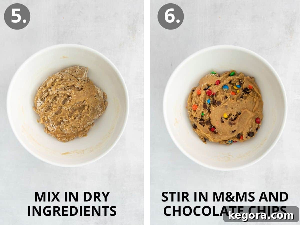 Vibrant Gluten-Free M&M Cookie Bliss 8 Two-step image showing dry ingredients being mixed into wet ingredients with a rubber spatula, followed by colorful M&Ms and chocolate chips being stirred into the cookie dough, preparing it for baking.