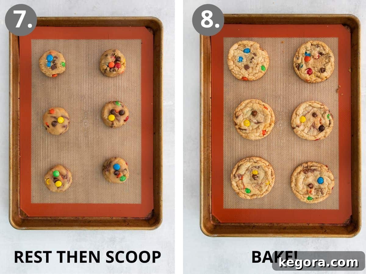 Vibrant Gluten-Free M&M Cookie Bliss 9 Two-step image illustrating the cookie dough resting covered in a bowl, then being scooped onto a parchment-lined baking sheet for baking, followed by the perfectly baked gluten-free M&M cookies.
