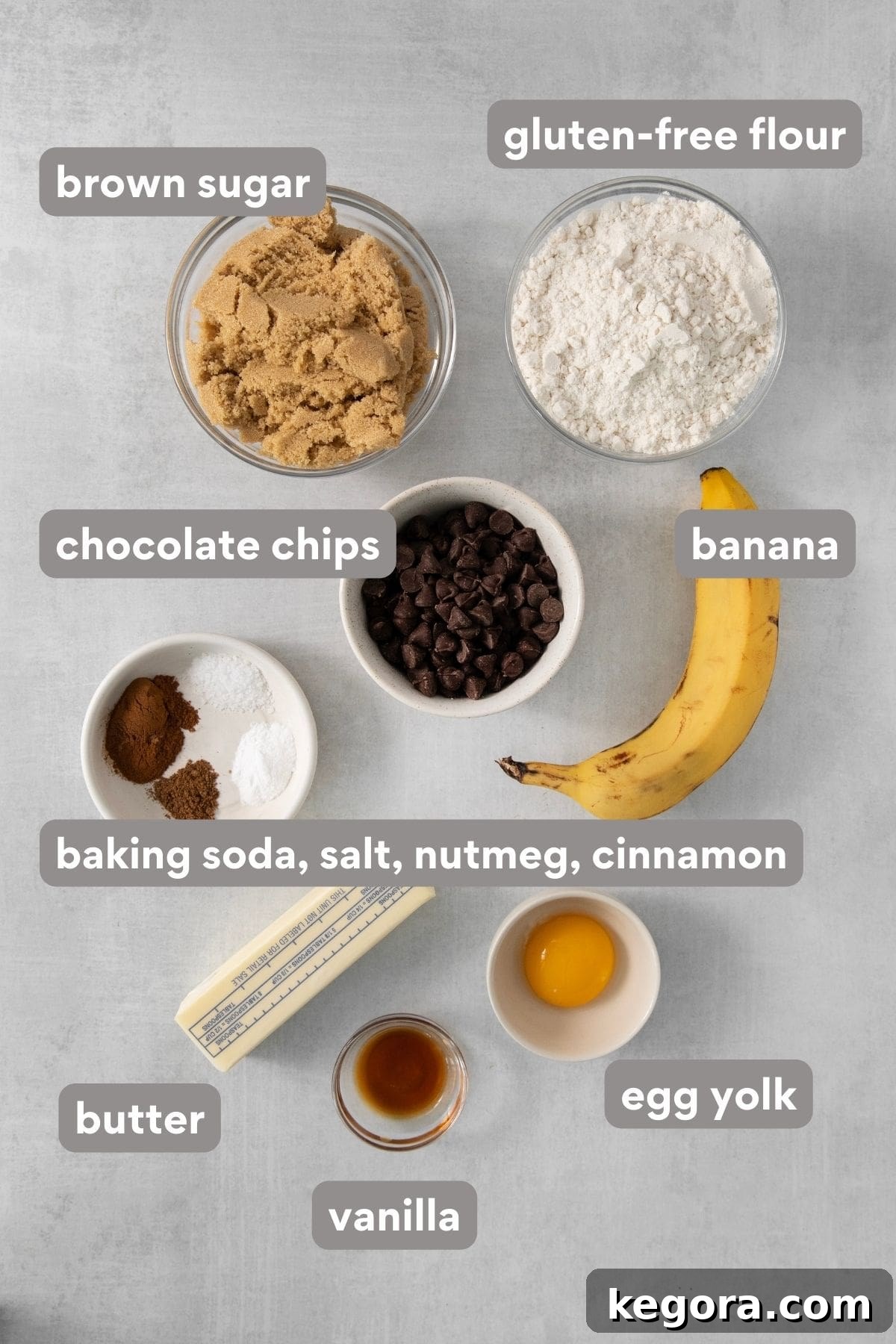 Naturally Sweet Gluten-Free Banana Treats 3 A collection of ingredients for gluten-free banana cookies neatly arranged on a kitchen countertop