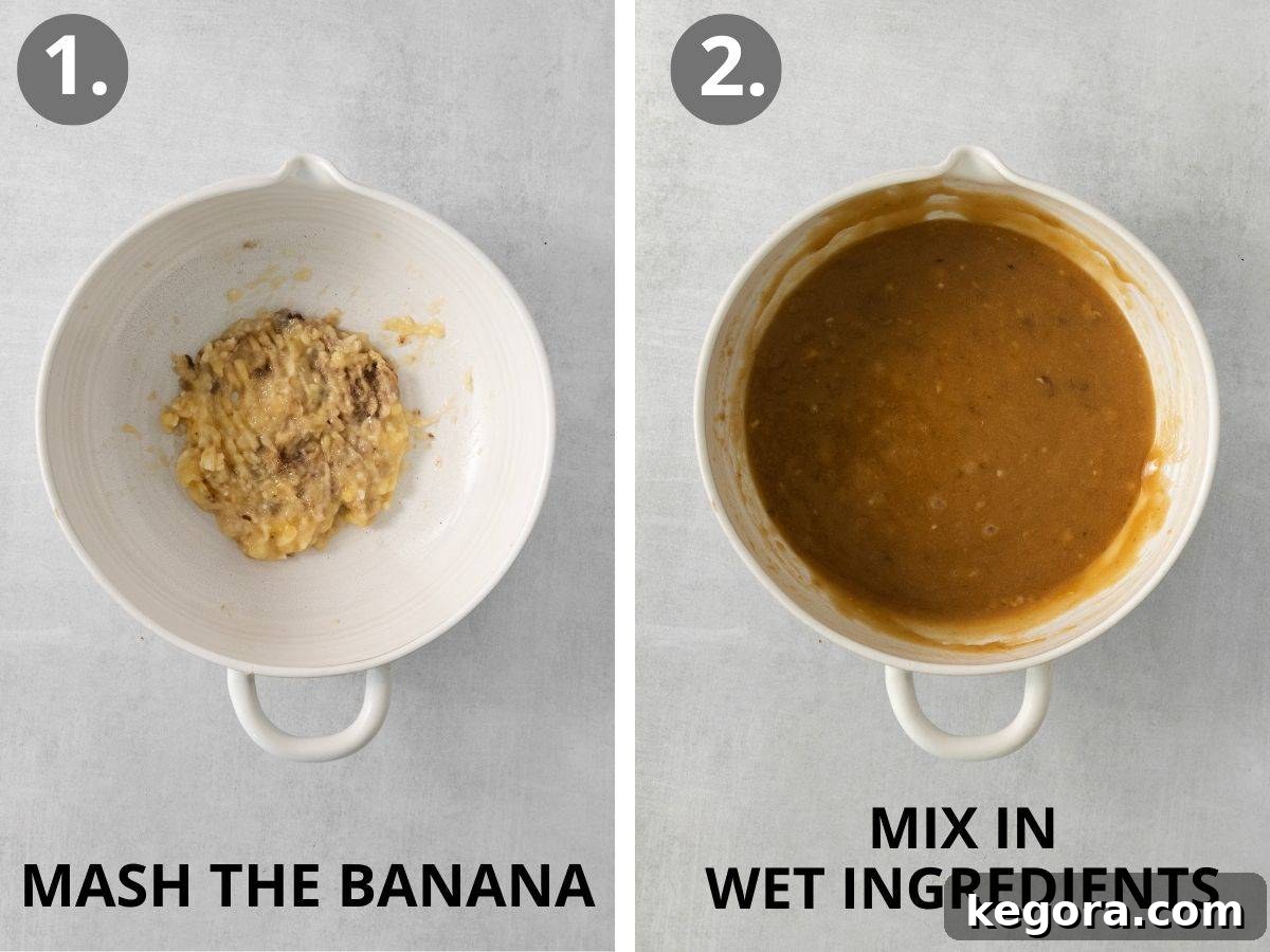 Naturally Sweet Gluten-Free Banana Treats 4 Mashed banana in a bowl, with melted butter, brown sugar, egg yolk, and vanilla being whisked in for gluten-free banana cookies