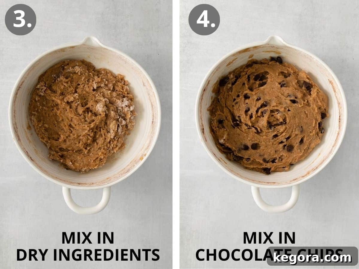 Naturally Sweet Gluten-Free Banana Treats 5 Dry ingredients for gluten-free banana cookies being mixed into the bowl, followed by chocolate chips being stirred in