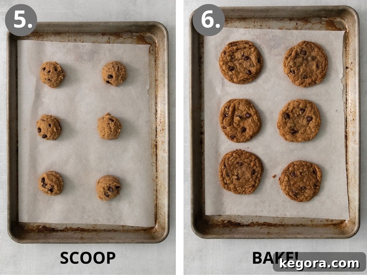 Naturally Sweet Gluten-Free Banana Treats 6 Balls of gluten-free banana cookie dough scooped onto a baking sheet, followed by a photo of perfectly baked golden brown cookies