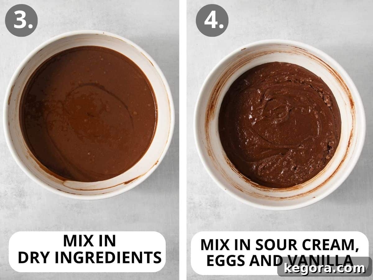 Decadent Gluten-Free Chocolate Bundt Cake 5 Mixing process of the gluten-free chocolate bundt cake batter, showing wet ingredients being combined into dry
