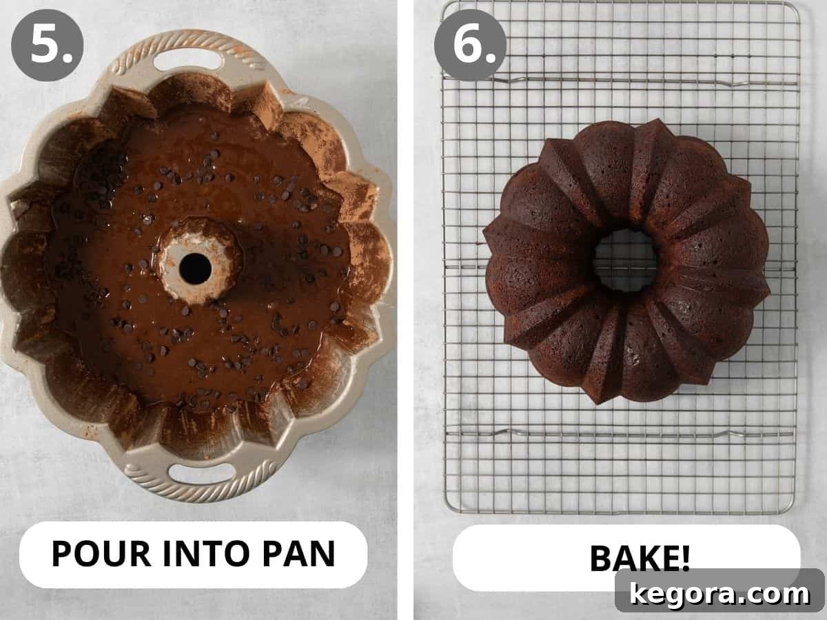 Decadent Gluten-Free Chocolate Bundt 6 gluten-free chocolate bundt cake batter poured into a bundt pan, and the finished baked cake on a cooling rack
