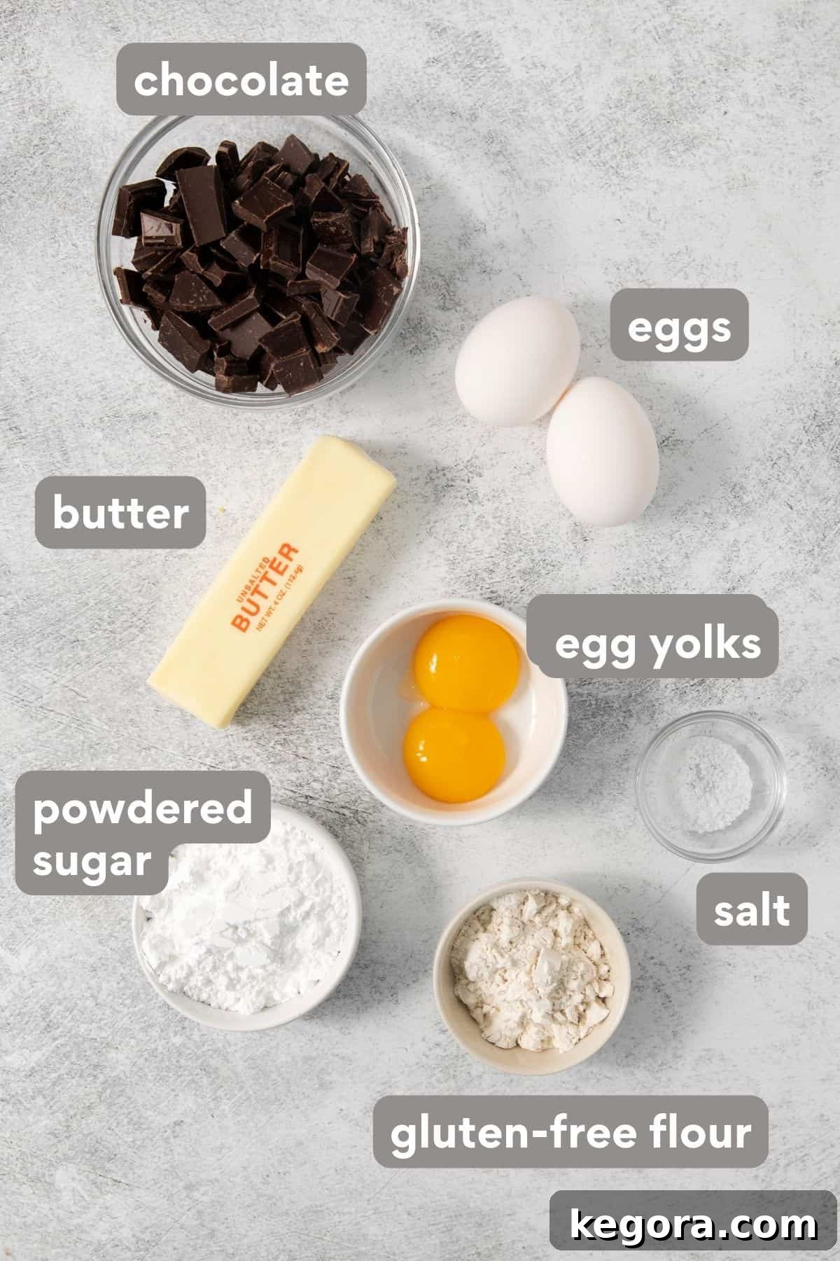 A visual display of the key ingredients for gluten-free chocolate lava cake, including chocolate bars, gluten-free flour, powdered sugar, butter, and eggs, arranged on a countertop.