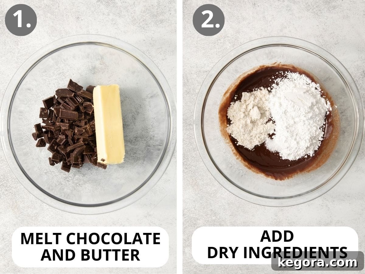Initial steps of preparing gluten-free chocolate lava cake: butter and chopped chocolate melting in a bowl, followed by dry ingredients being added.
