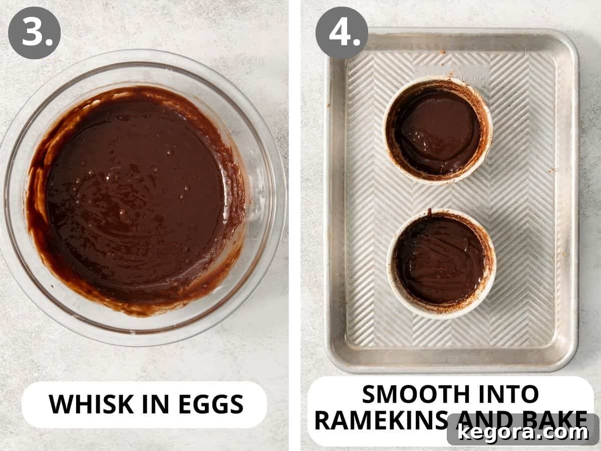The process of making gluten-free chocolate lava cake: whisking eggs into the chocolate mixture, then filling prepared ramekins and placing them on a baking sheet.