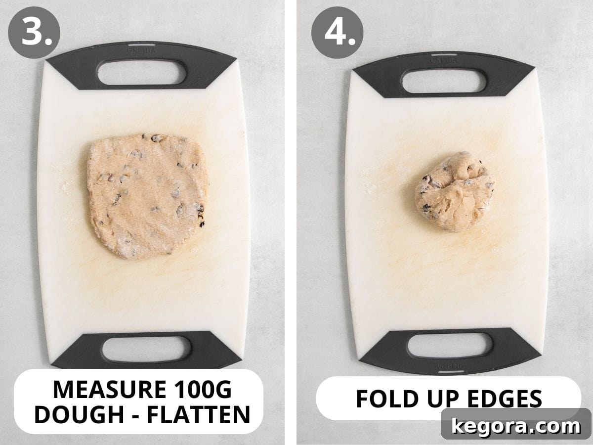 Fluffy Gluten-Free Hot Cross Buns 5 gluten-free hot cross buns dough pressed flat on a cutting board, then rolled up into a ball