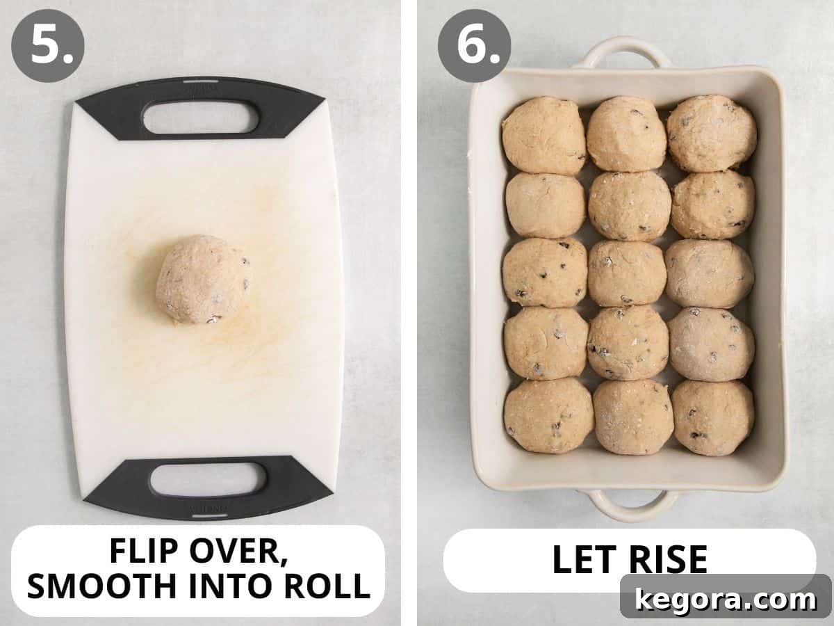 Fluffy Gluten-Free Hot Cross Buns 6 One gluten-free hot cross buns dough ball on a cutting board, and a full pan of hot cross buns rising