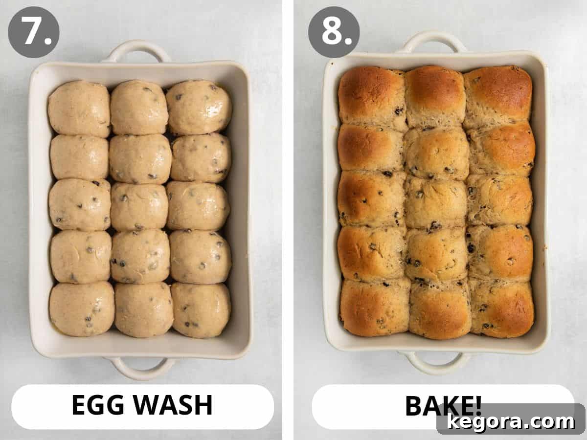 Fluffy Gluten-Free Hot Cross Buns 7 gluten-free hot cross buns dough with an egg wash, and baked hot cross buns in a baking pan