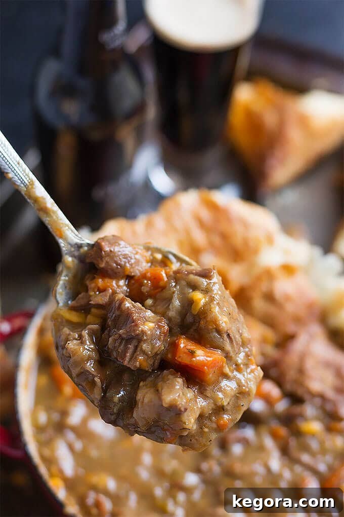 Pub Style Instant Pot Guinness Beef Stew 4 Instant Pot Beef Guinness Stew on a spoon.