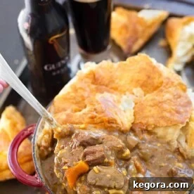 Instant Pot Beef Guinness Stew in a bowl and on a spoon.