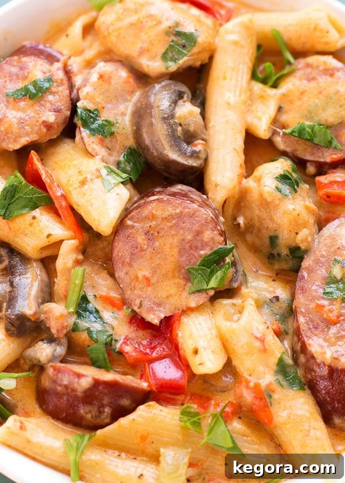A close-up shot of the rich and creamy Instant Pot Cajun Pasta with Sausage, showing the texture of the sauce, pasta, and sausage.