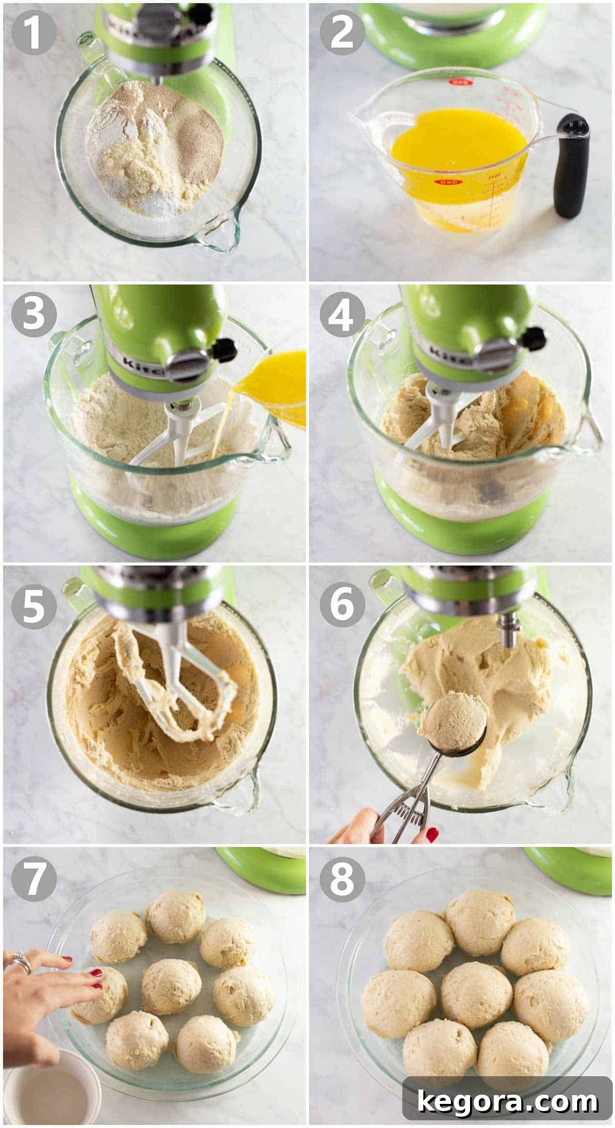 How to Make Gluten-Free Dinner Rolls Step-by-step photos of how to make gluten-free dinner rolls showing mixing dough, scooping, and rising
