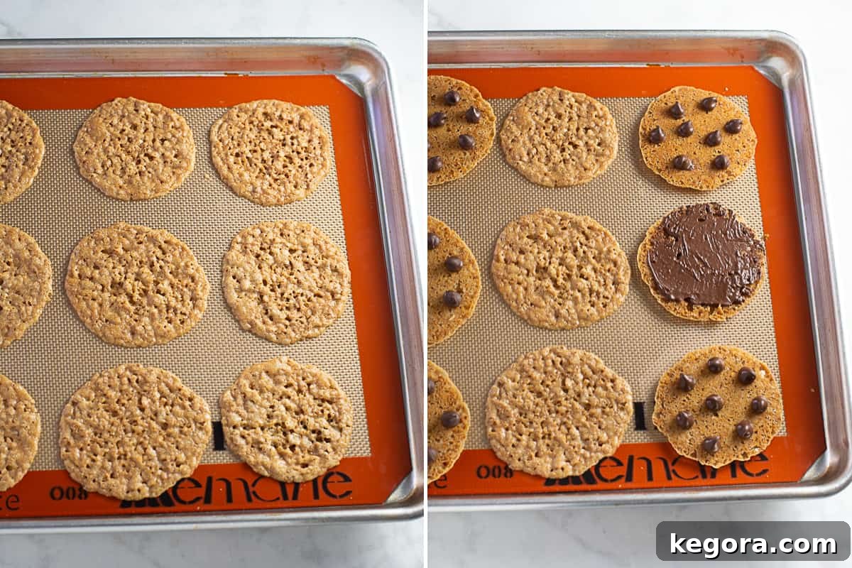 Lace Cookies Recipe Shot of baked cookies on pan being topped with chocolate