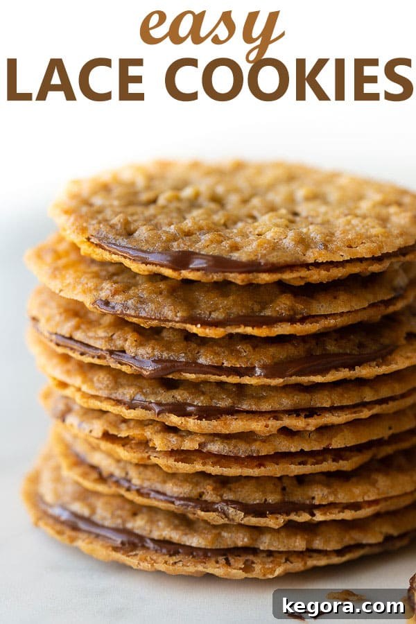 A beautiful close-up shot of a stack of gluten-free chocolate lace cookies, highlighting their delicate texture and delicious filling.
