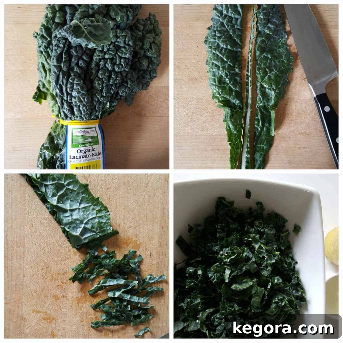 Step-by-step instructions showing how to properly cut kale for a salad.